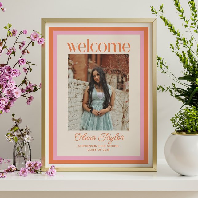 Custom Pink Orange Photo Graduation Welcome Sign  (Creator Uploaded)