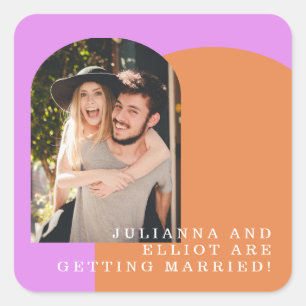 Custom Pink Orange Retro Photo Engagement  Square Sticker