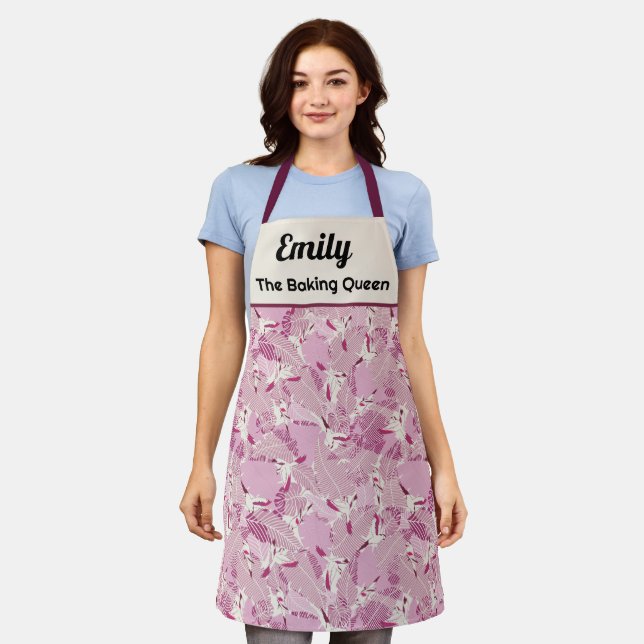 Custom pink pastel bird and leaves apron (Worn)