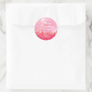 Custom Pink Peaceful Snow Forest Merry Christmas  Classic Round Sticker