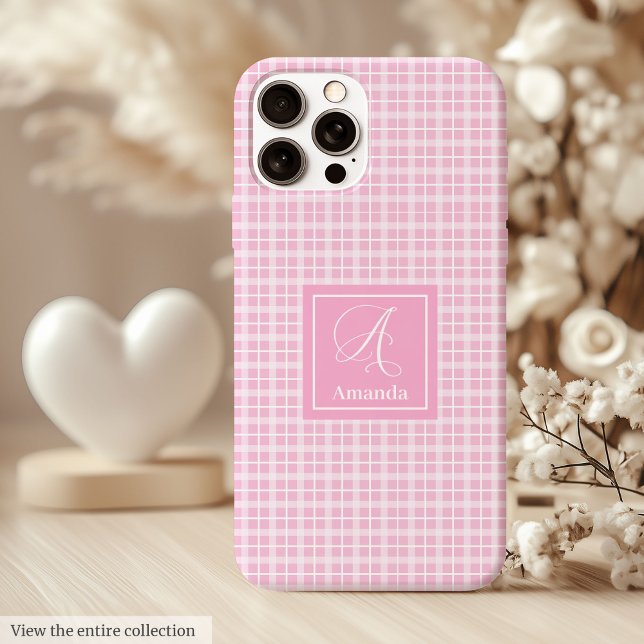 Custom Pink Plaid iPhone Case Chic Monogram Style (Custom Pink Plaid iPhone Case Chic Monogram Style)