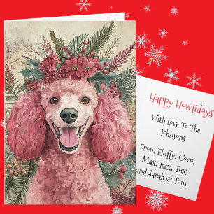 Custom Pink Poodle Christmas Floral Crown Holiday Card