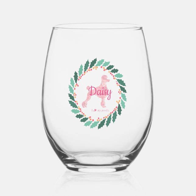 Custom Pink Poodle Silhouette Christmas Wine Glass (Front)