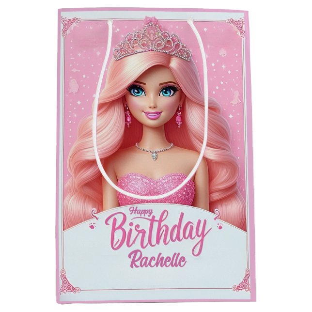 Custom Pink Princess Happy Birthday Medium Gift Bag (Front)