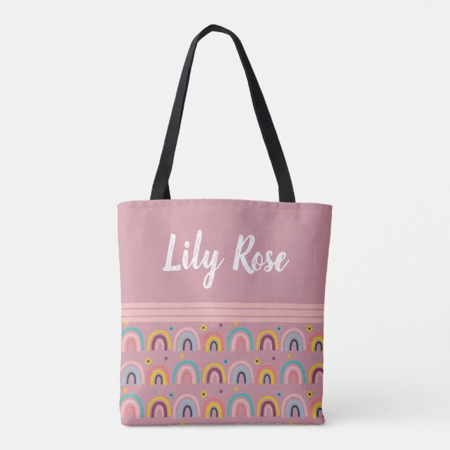 Custom Pink Rainbow Pattern Kid's Tote Bag (Back)