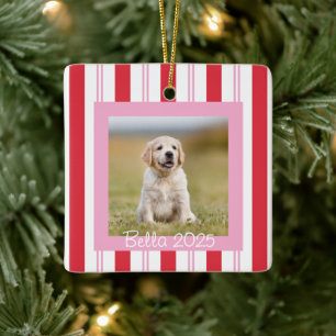 Custom Pink Red Pet Photo with Name Ceramic Ornament