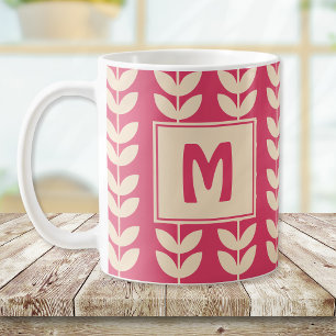 Custom Pink Retro Vibe Leaf Pattern Monogram Coffee Mug