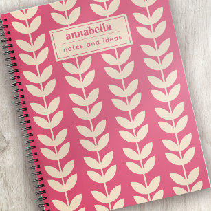 Custom Pink Retro Vibe Leaf Pattern Monogram Notebook