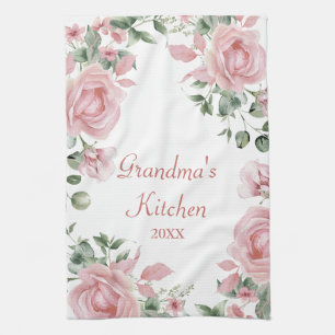 Custom Pink Rose Floral Grandma Kitchen Tea Towel