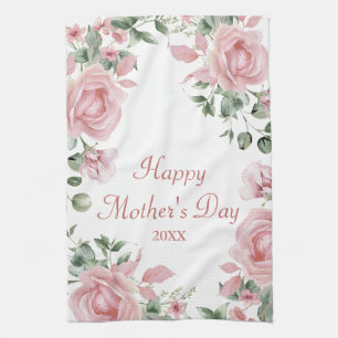 Custom Pink Rose Floral Happy Mothers Day  Tea Towel