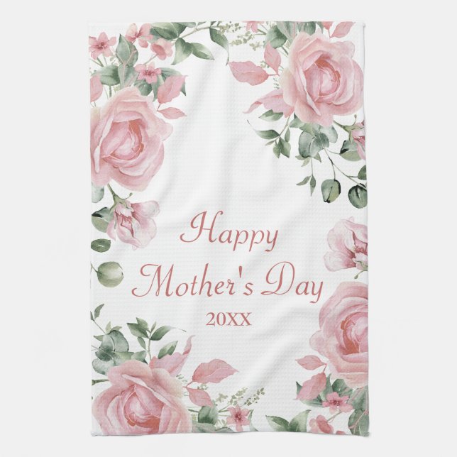 Custom Pink Rose Floral Happy Mothers Day  Tea Towel (Vertical)