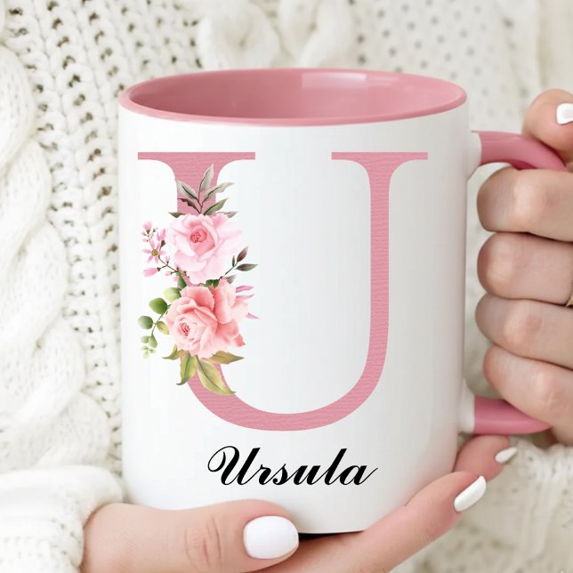 Custom Pink Rose Monogram Mug Gift for Grandma (Personalized Rose Floral Mug Birthday Gift for Her, Pink Roses Monogram Mug Graduation Gift for Her)