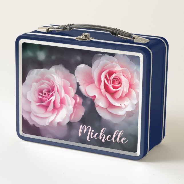 Custom Pink Roses Floral Photo Metal Lunch Box (Front)