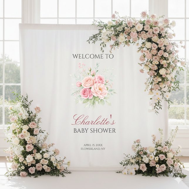 Custom pink roses girl baby shower backdrop banner tapestry (Creator Uploaded)