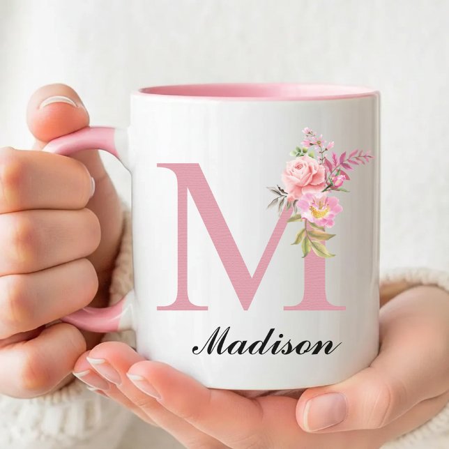 Custom Pink Roses Mug Birthday Gift for Her or Mum (Custom Pink Roses Mug Birthday Gift for Her, Rose Floral Initial Name Mug Graduation Gift for Her)