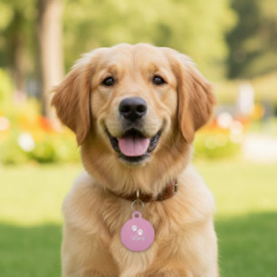 Custom Pink Round Pet ID Tag with Name and Paws