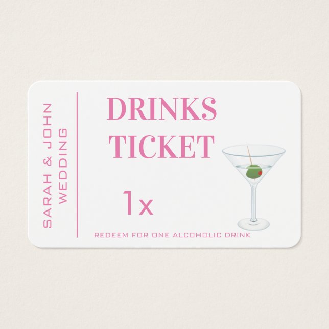 Custom Pink Simple Drink Ticket Wedding Reception  (Front)