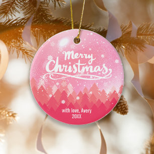 Custom Pink Snow & Forest Merry Christmas Ceramic Ornament