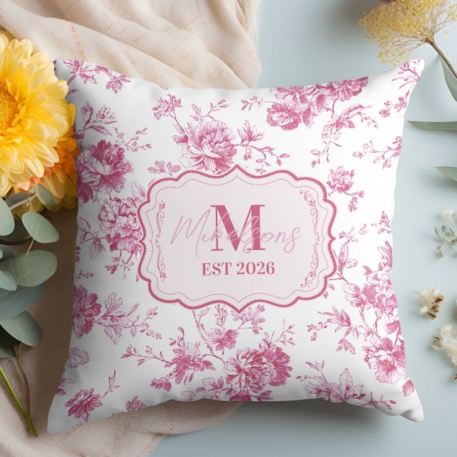 Custom Pink Toile Floral Monogram Cushion (Creator Uploaded)