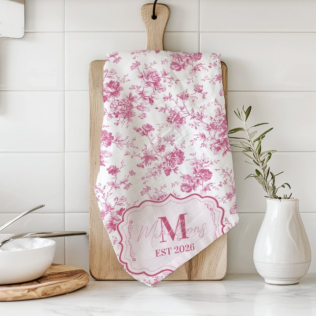 Custom Pink Toile Floral Monogram Tea Towel (Creator Uploaded)