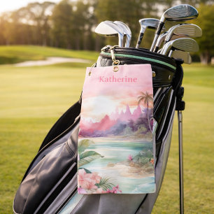 Custom Pink Tropical Beach Name Golf Towel