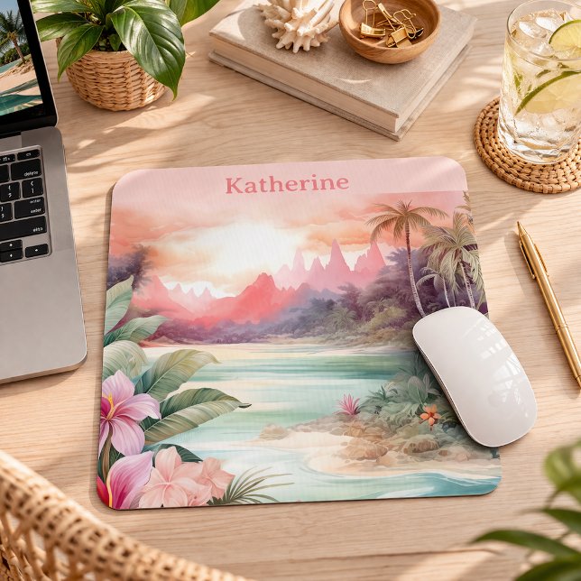 Custom Pink Tropical Beach Name Mouse Pad (Creator Uploaded)