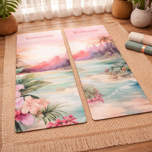 Custom Pink Tropical Beach Name Yoga Mat