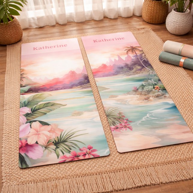 Custom Pink Tropical Beach Name Yoga Mat (Creator Uploaded)