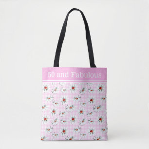 Custom Pink White Gingham Daisy Monogram Name Text Tote Bag
