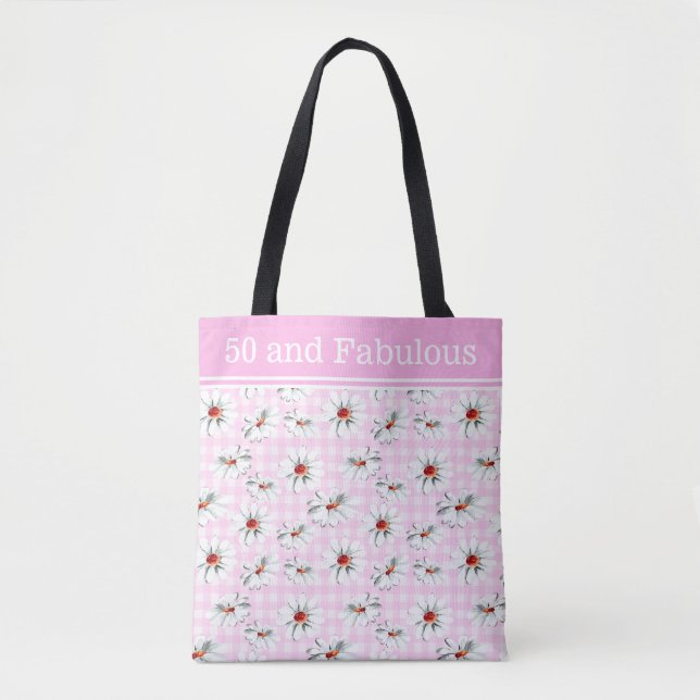 Custom Pink White Gingham Daisy Monogram Name Text Tote Bag (Front)