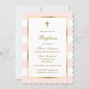 Custom Pink White Gold Stripe Girl Baptism Invitation