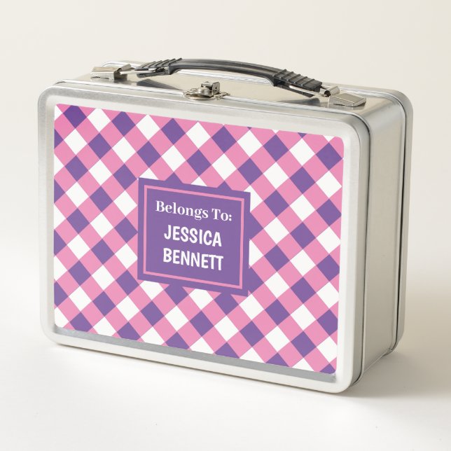 Custom Pink White Purple Chequered Pattern Kid's Metal Lunch Box (Front)