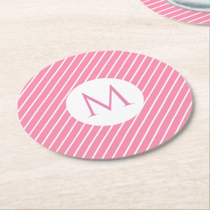 Custom Pink White Stripes Trendy Monogram Modern Round Paper Coaster