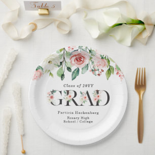 Custom Pink & White Watercolor Floral Grad Party Paper Plate