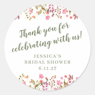 Custom Pink Wildflowers Bridal Shower Thank You Classic Round Sticker
