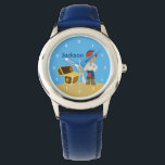 Custom Pirate Boy Watch<br><div class="desc">Cool pirate kids watch featuring a buccaneer carrying a sword next to a treasure chest filled with gold on a beach with blue sky background. Customise this cool boy's wristwatch with your child's name in white. Ahoy Matey!</div>