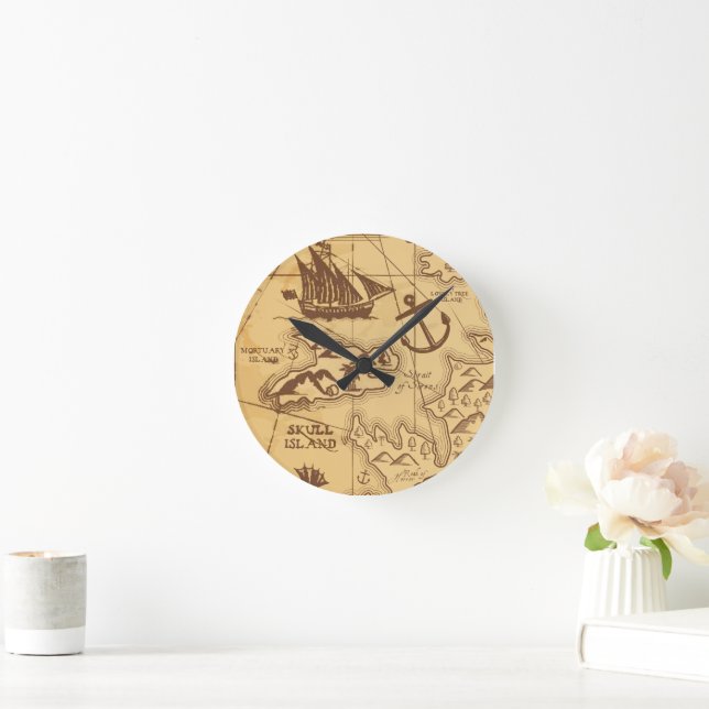 Custom Pirate map land point Family Round Clock (Home)