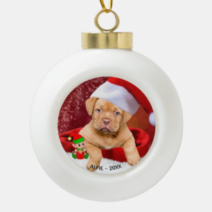 Custom Pitbull Puppy Dog Photo with Cute Elf Ceramic Ball Christmas Ornament