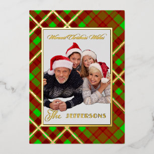 Custom Plaid Christmas Warm Wishes Photo Gold Foil Holiday Card