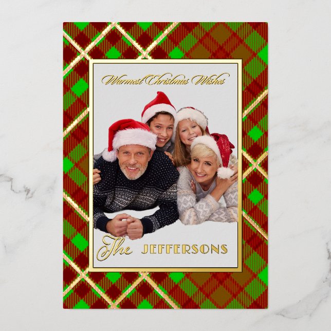 Custom Plaid Christmas Warm Wishes Photo Gold Foil Holiday Card (Front)