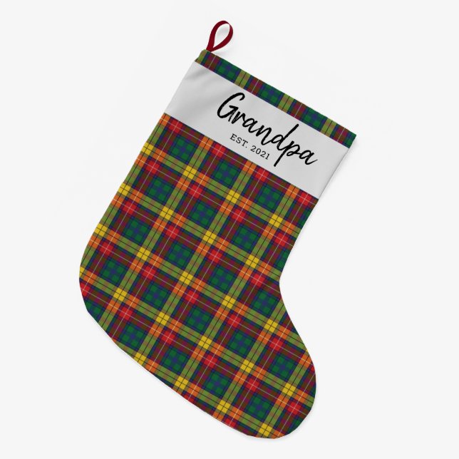 Custom Plaid Clan Buchanan Tartan Check Grandpa Large Christmas Stocking (Front (Hanging))