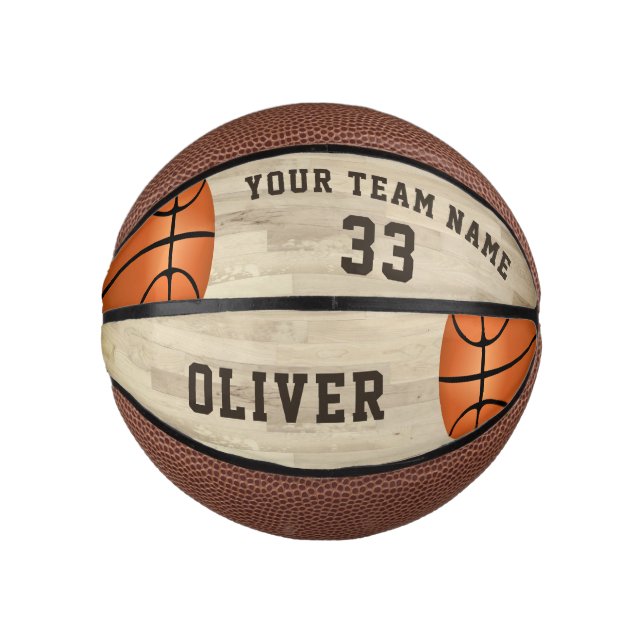 Custom Player Name Team Number Wood Floor  Mini Basketball (Front)