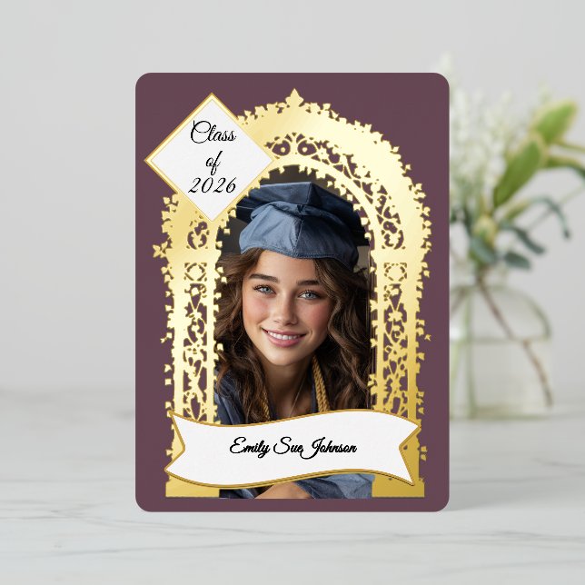 Custom Plum Grad Party Invitation Photo Collage (Standing Front)
