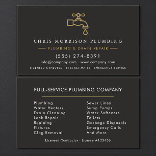 Custom Plumber Dark Elegant Black & Gold Business Card