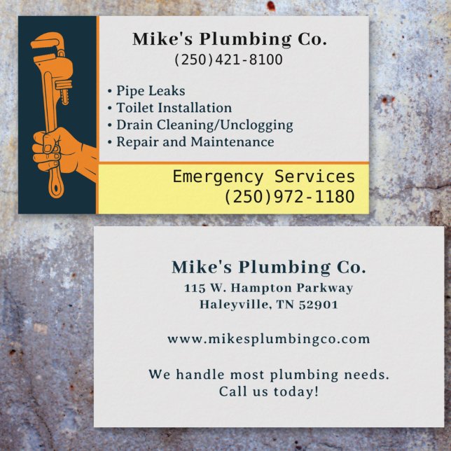Custom Plumber Plumbing Service Professional Business Card (Plumbing Orange and Blue Pipe Wrench Plumber Business Card)
