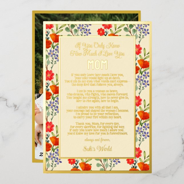 Custom Poem For Mum | Floral Pattern Mother's Day Foil Holiday Card (Front/Back)
