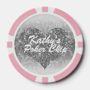 Custom Poker Chip Silver Faux Glitter Heart Floral