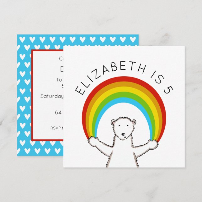Custom Polar Bear & Rainbow Birthday Invitation (Front/Back)