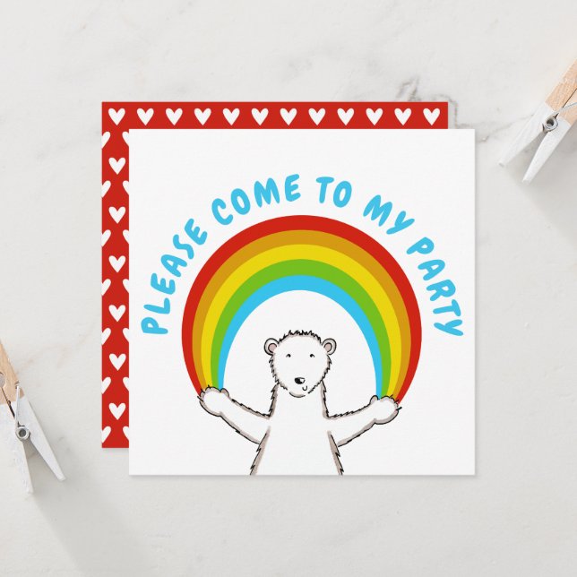 Custom Polar Bear & Rainbow Birthday Invitation (Front/Back In Situ)