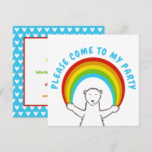 Custom Polar Bear & Rainbow Birthday Invitation (Front/Back)